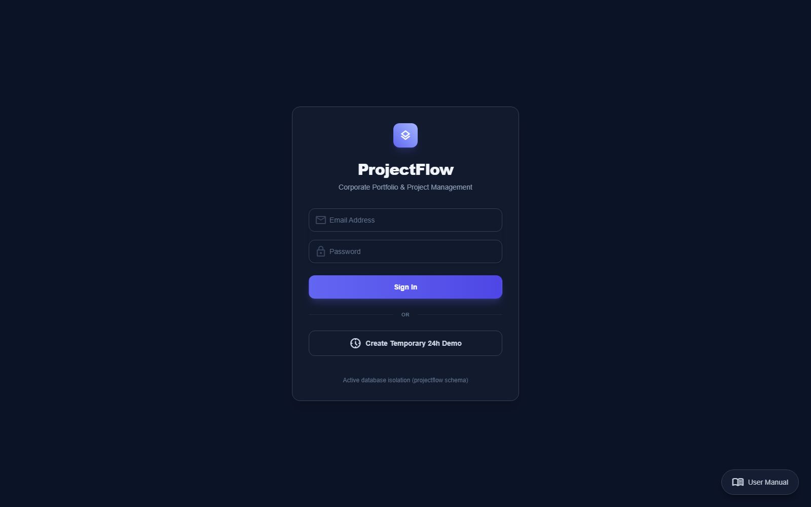 ProjectFlow portfolio and milestone workspace with synthetic demo data